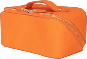 VENOULT Genuine Leather Makeup Bag, Spacious Cosmetic Case, Travel Toiletry Organizer with Handle (Mango)
