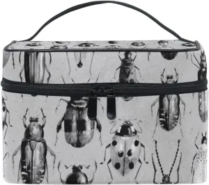 Vintage Retro Style Grey Black Beetles on Grey Beauty Cosmetic with Zipper Brush Portable Storage Bag, Fashion printing Toiletry, Durable Travel Organizer Tote Unisex Gifts