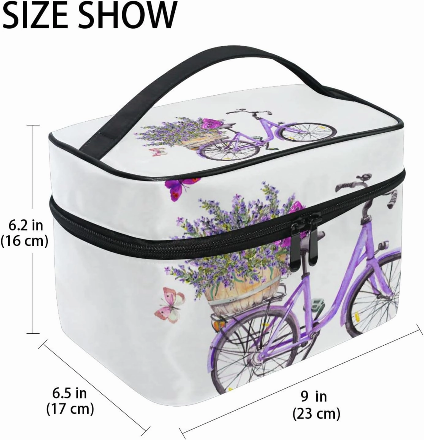Violet Bicycle with Lavender Flowers in Basket and Butterflies Beauty Cosmetic with Zipper Brush Portable Storage Bag, Fashion printing Toiletry, Durable Travel Organizer Tote Unisex Gifts