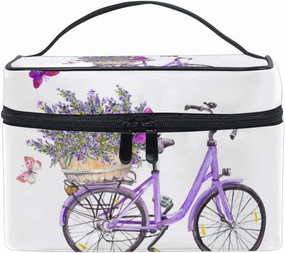 Violet Bicycle with Lavender Flowers in Basket and Butterflies Beauty Cosmetic with Zipper Brush Portable Storage Bag, Fashion printing Toiletry, Durable Travel Organizer Tote Unisex Gifts