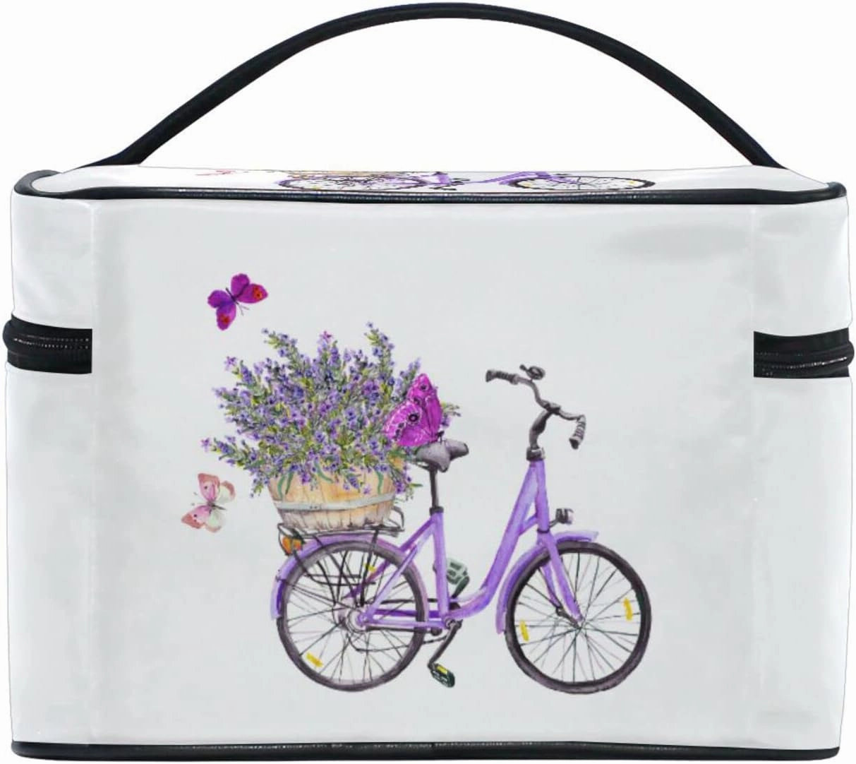 Violet Bicycle with Lavender Flowers in Basket and Butterflies Beauty Cosmetic with Zipper Brush Portable Storage Bag, Fashion printing Toiletry, Durable Travel Organizer Tote Unisex Gifts