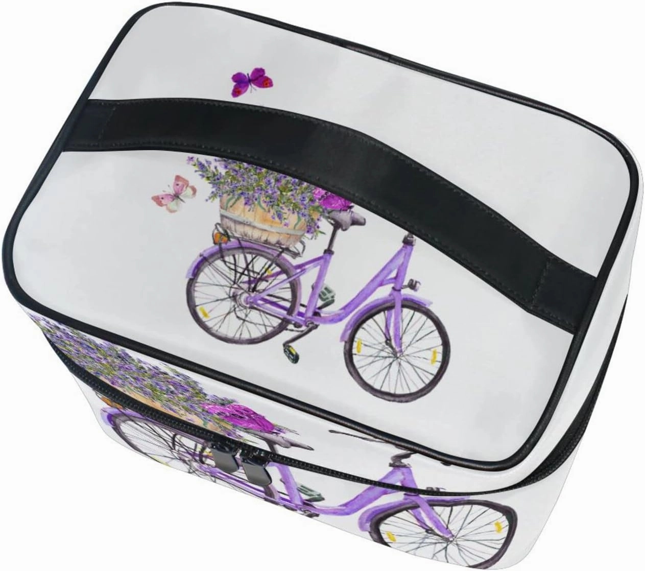 Violet Bicycle with Lavender Flowers in Basket and Butterflies Beauty Cosmetic with Zipper Brush Portable Storage Bag, Fashion printing Toiletry, Durable Travel Organizer Tote Unisex Gifts