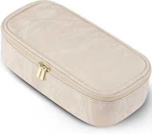 Vlando Travel Makeup Bag Small Makeup Bag for Women Make up Organizer Bag Travel Gifts Birthday Gifts Wedding Gifts for Women Girls Wife-Cream White