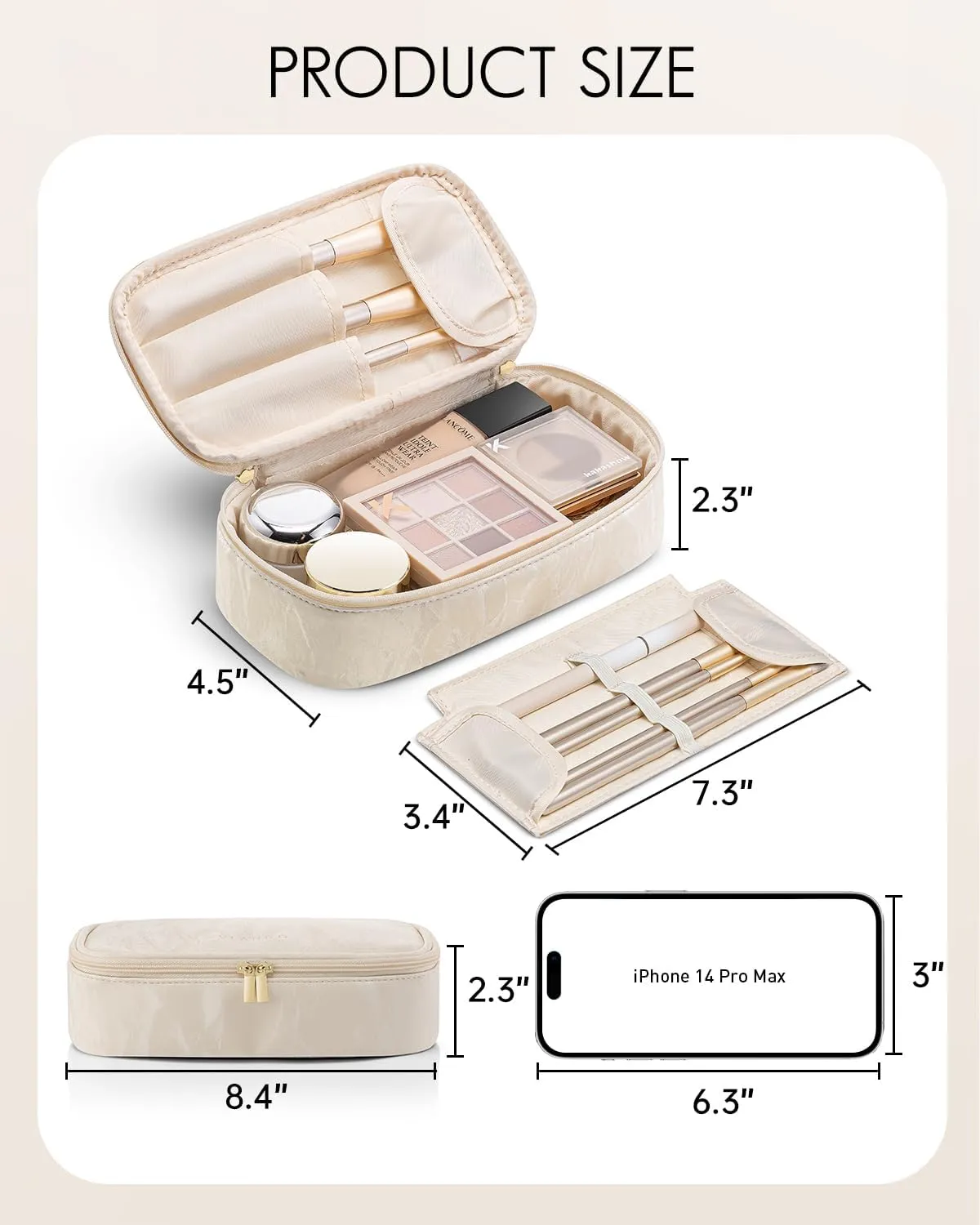 Vlando Travel Makeup Bag Small Makeup Bag for Women Make up Organizer Bag Travel Gifts Birthday Gifts Wedding Gifts for Women Girls Wife-Cream White