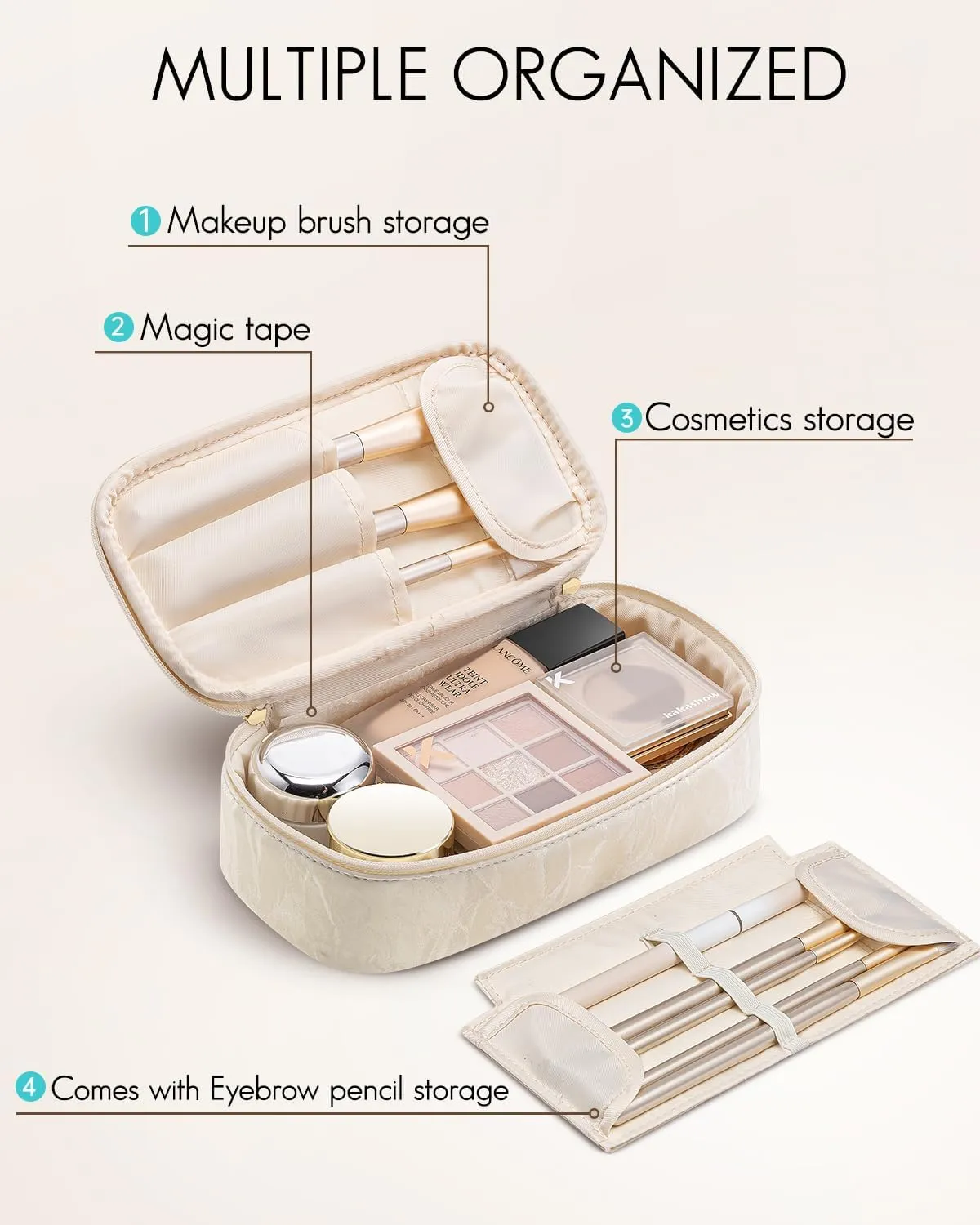 Vlando Travel Makeup Bag Small Makeup Bag for Women Make up Organizer Bag Travel Gifts Birthday Gifts Wedding Gifts for Women Girls Wife-Cream White