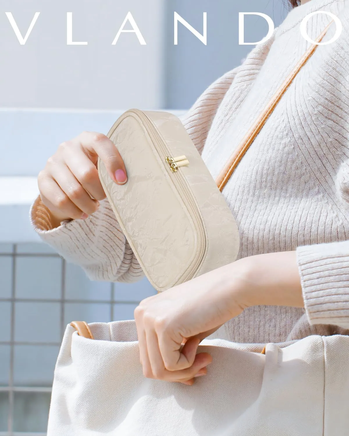 Vlando Travel Makeup Bag Small Makeup Bag for Women Make up Organizer Bag Travel Gifts Birthday Gifts Wedding Gifts for Women Girls Wife-Cream White