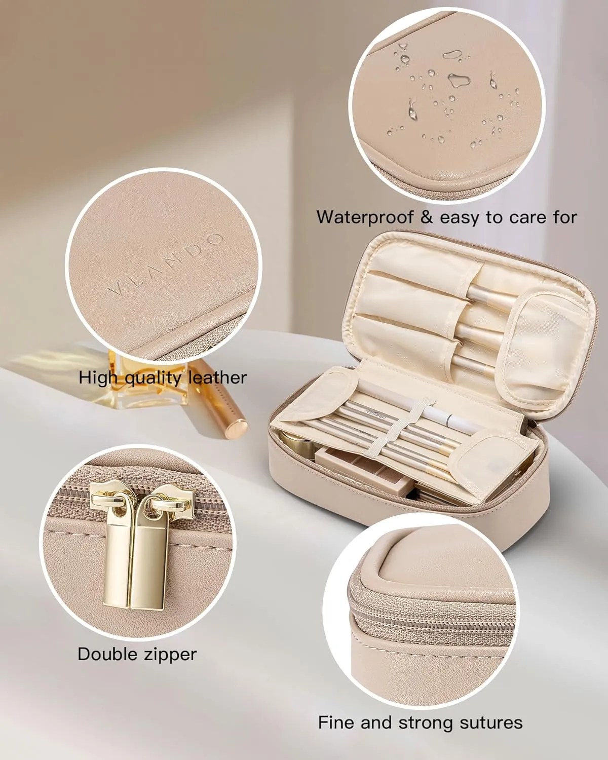 Vlando Travel Makeup Bag,Small Makeup Bag for Women,Gifts for Women Girls, Makeup Pouch Purse Travel Essentials Toiletries-Toffee