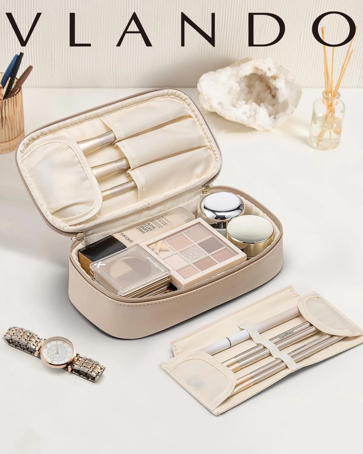 Vlando Travel Makeup Bag,Small Makeup Bag for Women,Gifts for Women Girls, Makeup Pouch Purse Travel Essentials Toiletries-Toffee