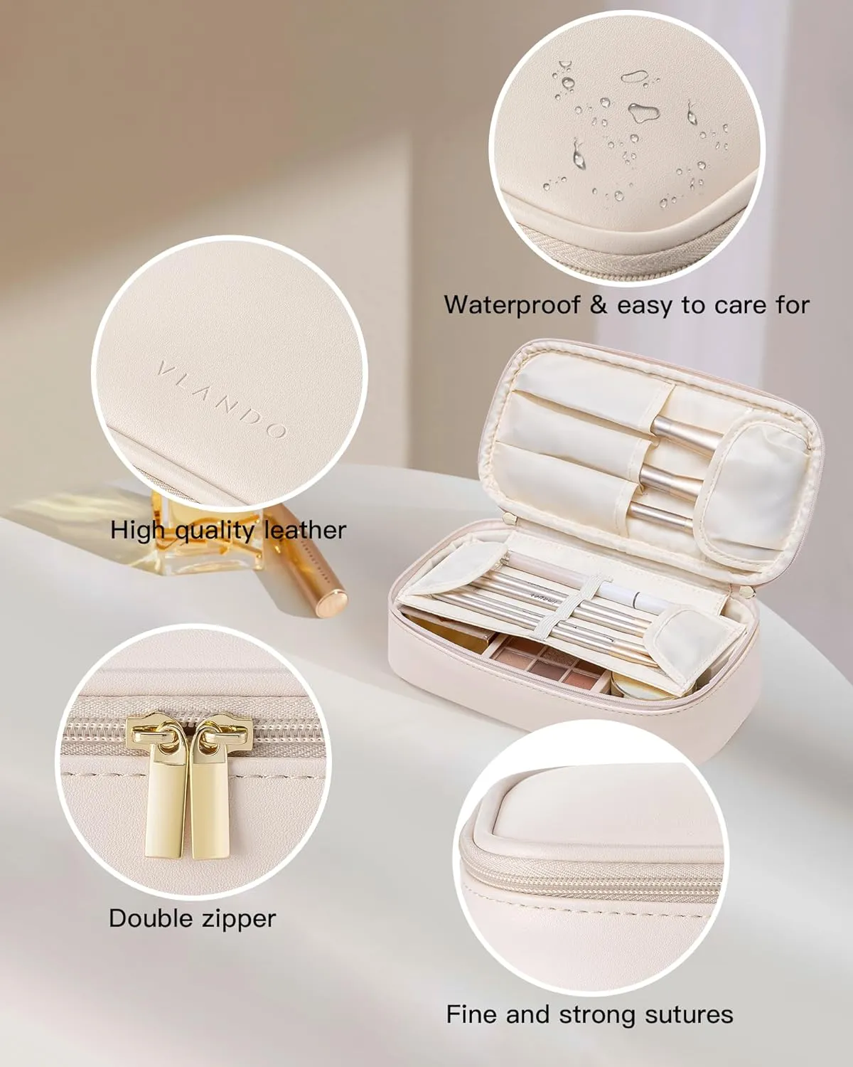 Vlando Travel Makeup Bag,Small Makeup Bag for Women,Valentines Gifts for Women Girls, Makeup Pouch Purse Travel Essentials Toiletries-Apricot White