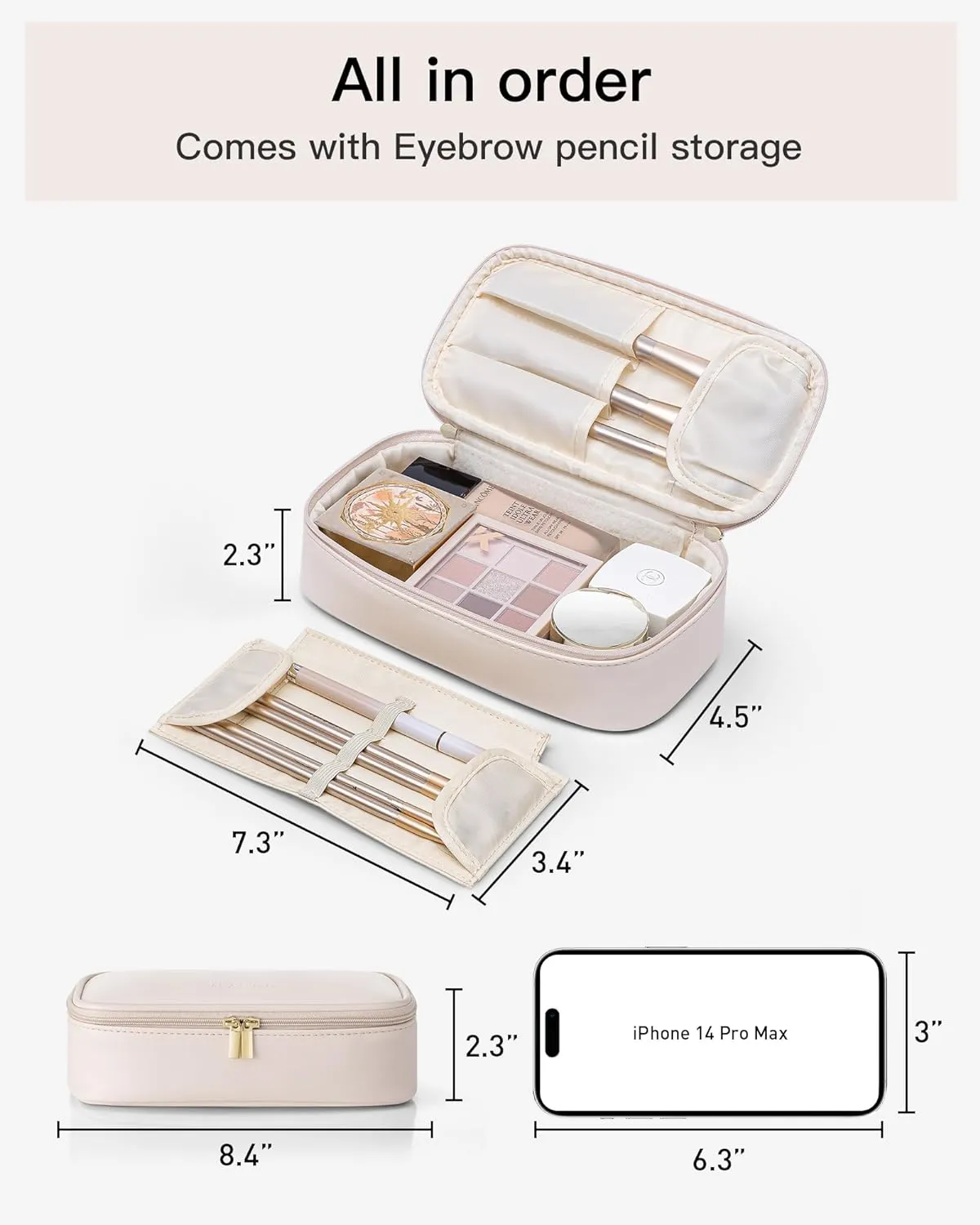 Vlando Travel Makeup Bag,Small Makeup Bag for Women,Valentines Gifts for Women Girls, Makeup Pouch Purse Travel Essentials Toiletries-Apricot White