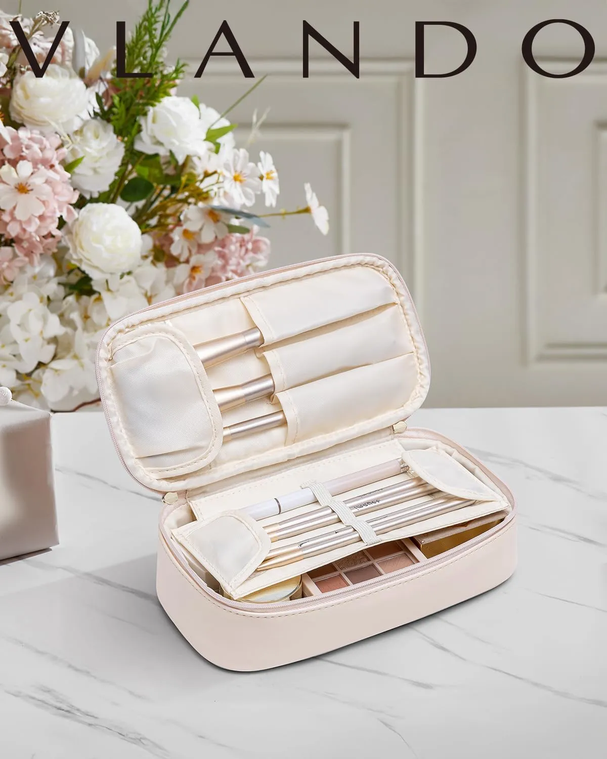 Vlando Travel Makeup Bag,Small Makeup Bag for Women,Valentines Gifts for Women Girls, Makeup Pouch Purse Travel Essentials Toiletries-Apricot White