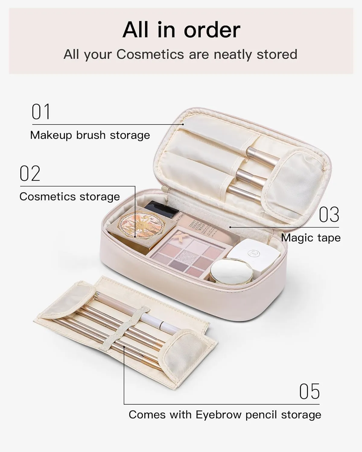 Vlando Travel Makeup Bag,Small Makeup Bag for Women,Valentines Gifts for Women Girls, Makeup Pouch Purse Travel Essentials Toiletries-Apricot White