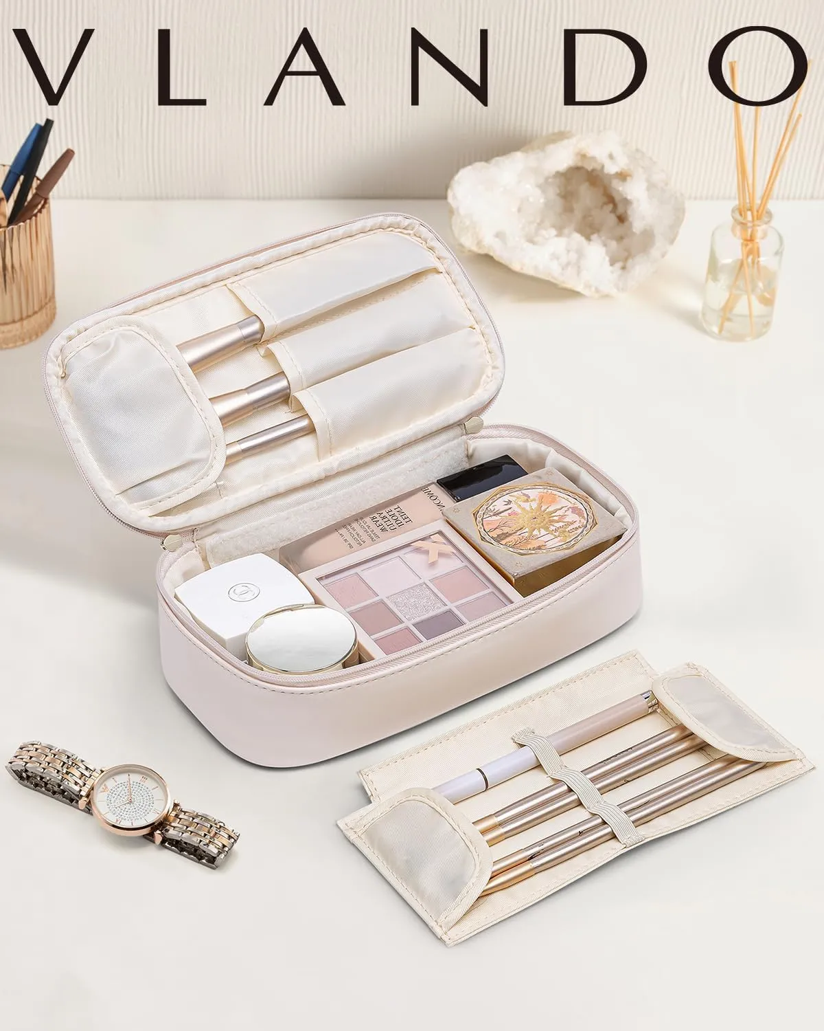 Vlando Travel Makeup Bag,Small Makeup Bag for Women,Valentines Gifts for Women Girls, Makeup Pouch Purse Travel Essentials Toiletries-Apricot White