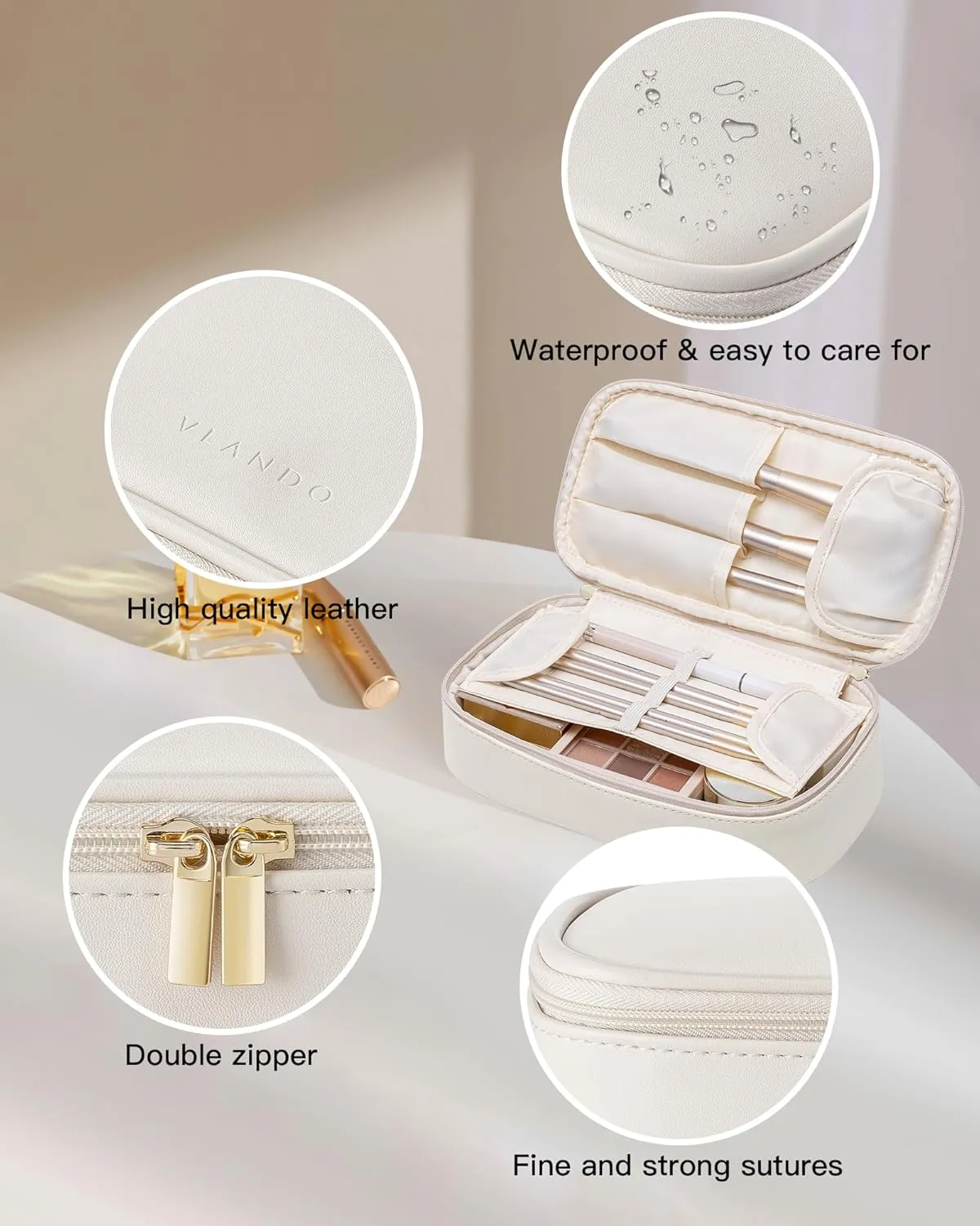 Vlando Travel Makeup Bag,Small Makeup Pouch Cosmetic Bag for Women Makeup Organizer Bag Gifts for Women Girlfriend Teacher Mom Brithday Gifts-White