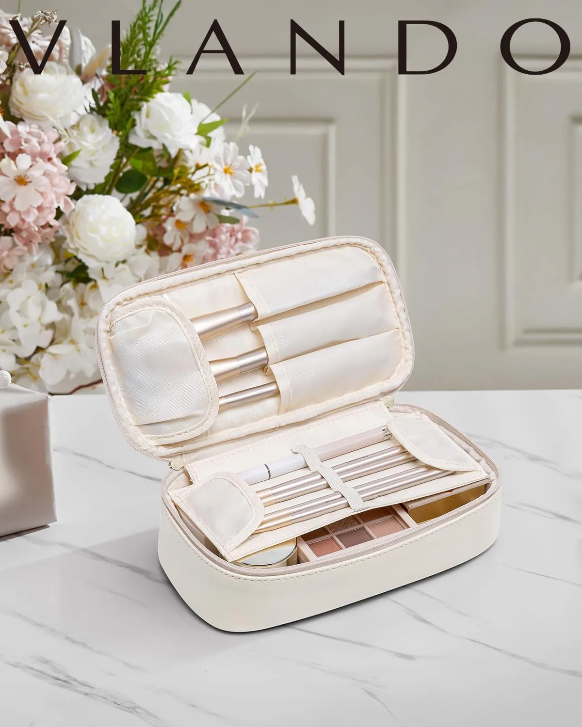 Vlando Travel Makeup Bag,Small Makeup Pouch Cosmetic Bag for Women Makeup Organizer Bag Gifts for Women Girlfriend Teacher Mom Brithday Gifts-White