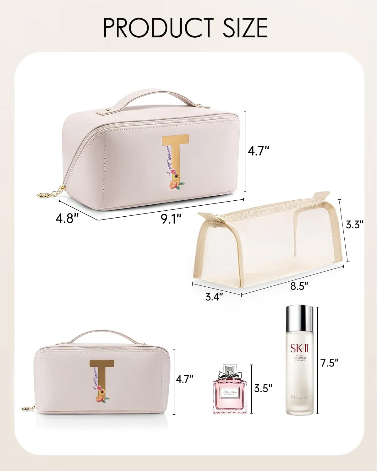 Vlando Valentines Day Gifts,Initial A-Z Makeup Travel Bag, Personalized Gifts for Friendship Bridesmaid Gift Ideas Valentine's Day Anniversary（Letter T