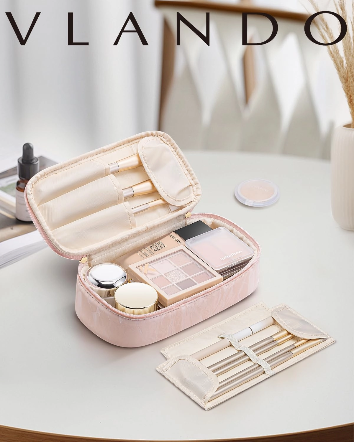 Vlando Travel Makeup Bag Small Makeup Bag Pouch for Purse Gifts for Women Travelers Girls Teacher Travel Toiletry Bag-Sand Pink