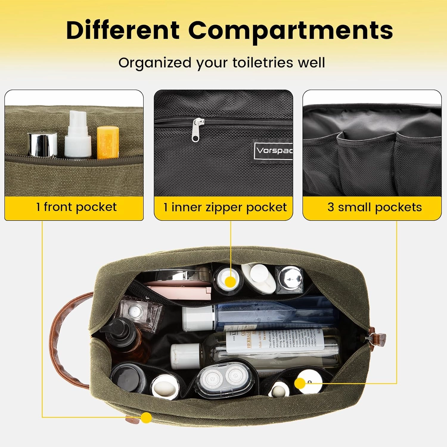 Vorspack Toiletry Bag Hanging Dopp Kit for Men Water Resistant Canvas Shaving Bag with Large Capacity for Travel - Green