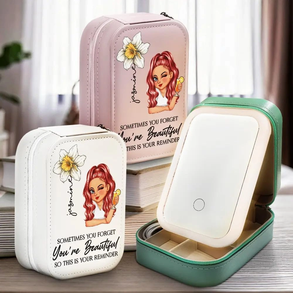 WANDER PRINTS Personalized Makeup Box With LED Mirror - Gift For Besties (Sometime You Forget You're Beautiful)