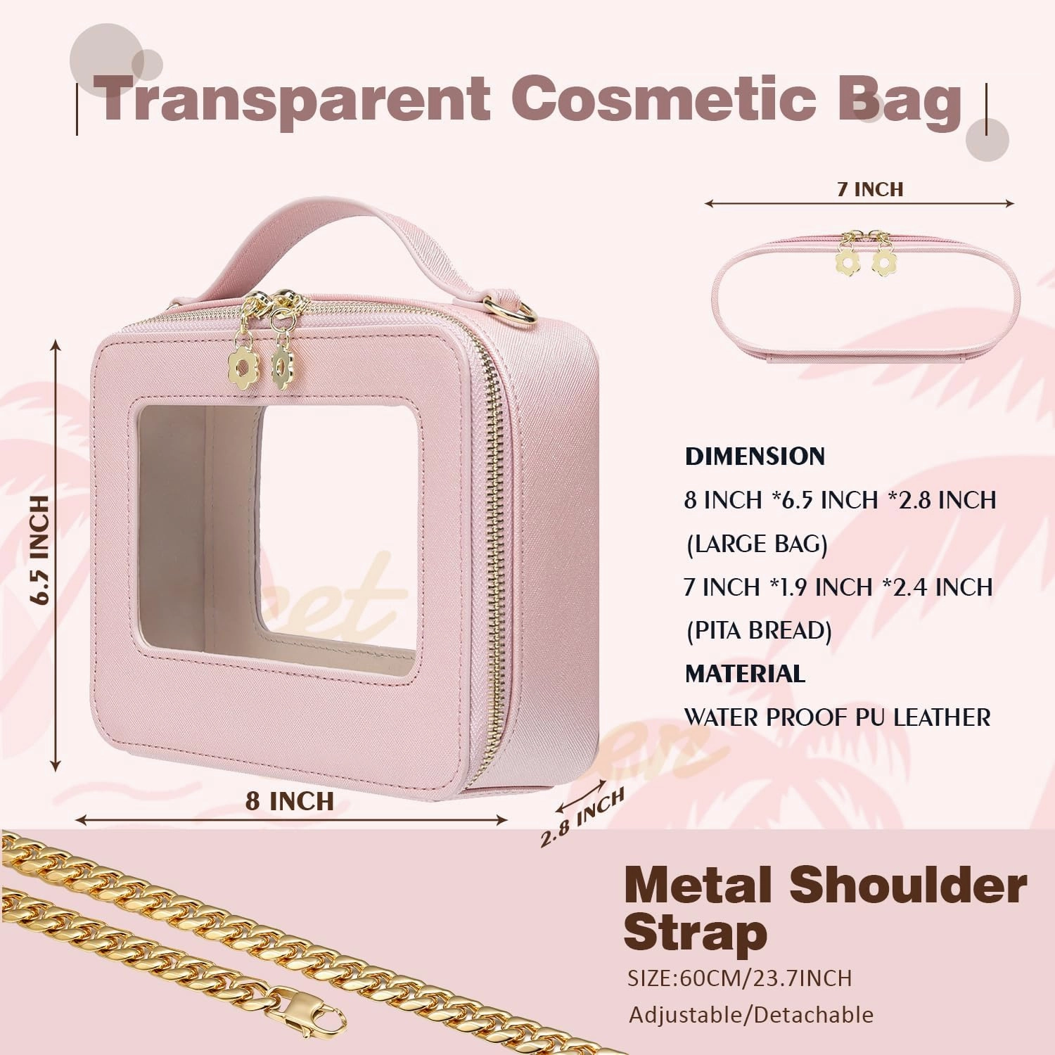 Waterproof Cosmetic Bag with Makeup Brush Bag, Leather Travel Makeup Bag with handle, Crossbody Shoulder Bag with metal detachable shoulder strap for Women (pearl pink)