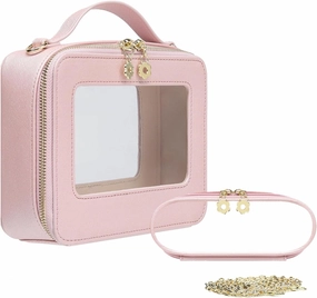 Waterproof Cosmetic Bag with Makeup Brush Bag, Leather Travel Makeup Bag with handle, Crossbody Shoulder Bag with metal detachable shoulder strap for Women (pearl pink)