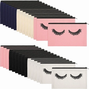 Weewooday 30 Pieces Eyelash Makeup Bags Canvas Makeup Bags Eyelash Cosmetic Bags Travel Make up Pouches with Zipper for Women, 5 Colors (7.1 x 4.3 Inch)