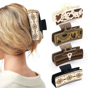 Western Leather Hair Claw Clips Sunflower Floral Square Claw Clips for Hairstyling Southwest Cow Print Cowhide Hair Accessories Large Aesthetic Western Cowgirl Stuff Gift for Women Girls