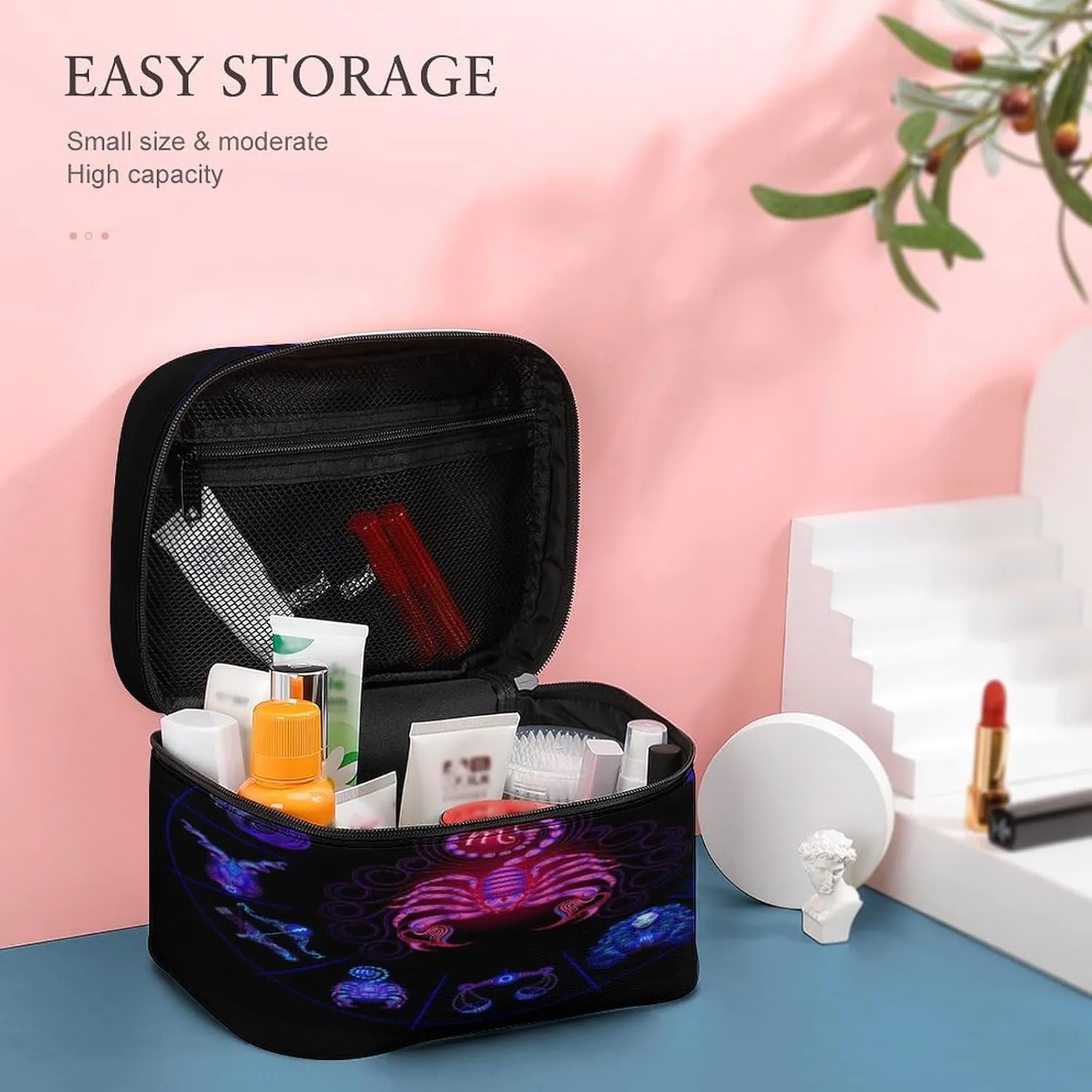 Women Leather Cosmetic Bag, Zipper Makeup Case Purse Holder Pouch Handbag