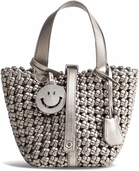 Women Basket Bucket Bag Vegetable Handbag, Woven Shoulder Tote Bag, Travel Hobo Ladies Top Handle Purse Commuter Bag (Gun Silver)
