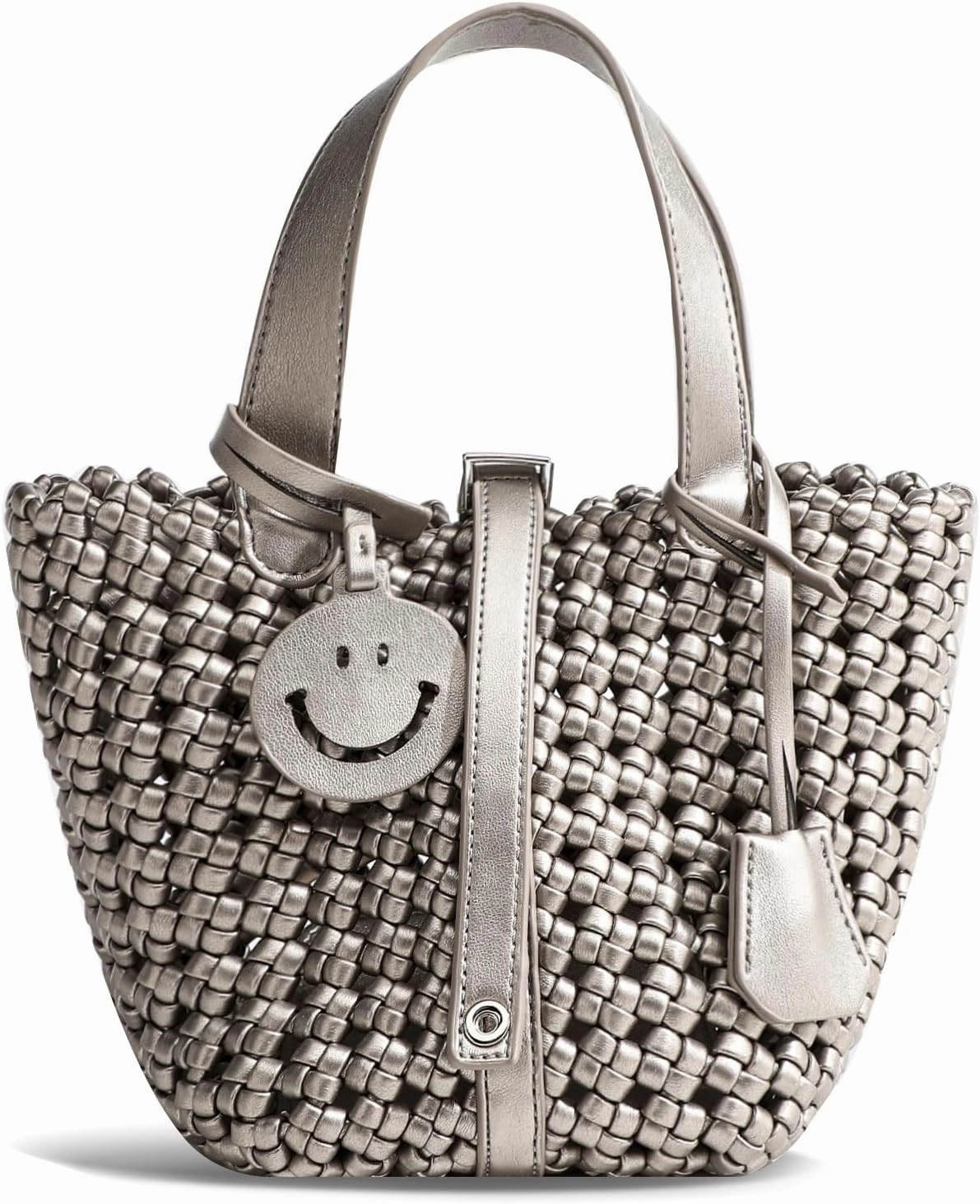 Women Basket Bucket Bag Vegetable Handbag, Woven Shoulder Tote Bag, Travel Hobo Ladies Top Handle Purse Commuter Bag (Gun Silver)