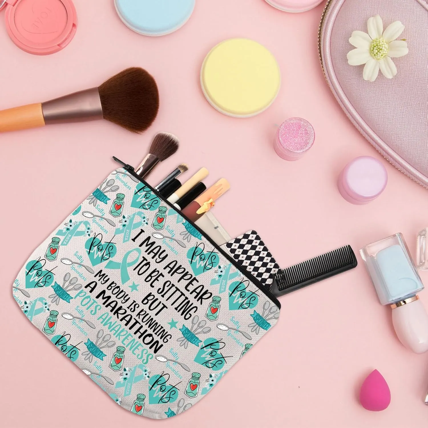 WSNANG POTS Awareness Gift Postural Orthostatic Tachycardia Syndrome Awareness Makeup Bag POTS Warrior Cosmetic Bag (POTS bag)