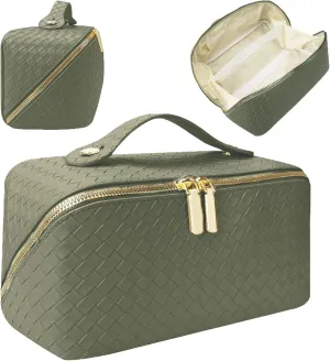 XASRVIR Makeup Bag, Travel Makeup Bag, Leather Waterproof Makeup Bag, Portable flat Large Opening Makeup Bag,Multifunctional Storage Travel Toiletry Bag Skincare Bag(Woven-Olive Green)
