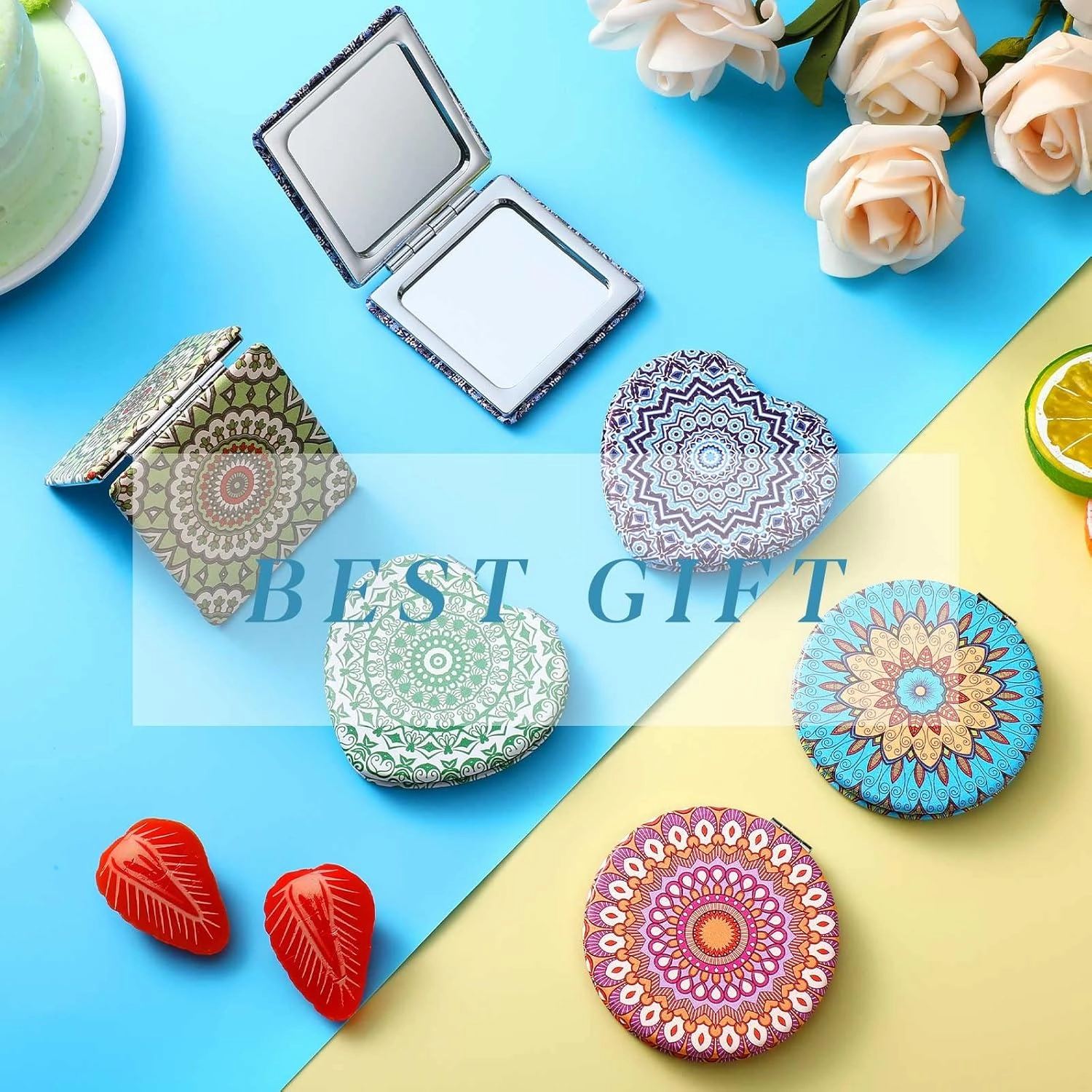 Yalikop Mandala Design Pocket Mirror Mini Travel Makeup Purse Compact Accessories Beauty Magnifying Double Sides Pocket Mirror Portable Handheld Folding PU Leather Supply for Women(12 Pieces)