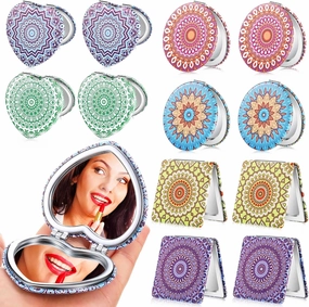 Yalikop Mandala Design Pocket Mirror Mini Travel Makeup Purse Compact Accessories Beauty Magnifying Double Sides Pocket Mirror Portable Handheld Folding PU Leather Supply for Women(12 Pieces)
