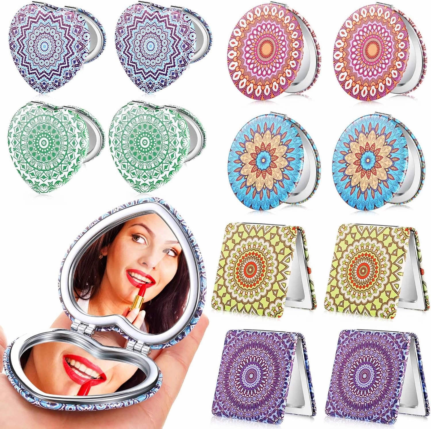 Yalikop Mandala Design Pocket Mirror Mini Travel Makeup Purse Compact Accessories Beauty Magnifying Double Sides Pocket Mirror Portable Handheld Folding PU Leather Supply for Women(12 Pieces)
