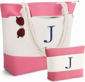 YOOLIFE Beach Bags for Women - Initial Canvas Tote Waterproof Bag with Makeup Bag Gifts for Women Mom Friend Birthday Her