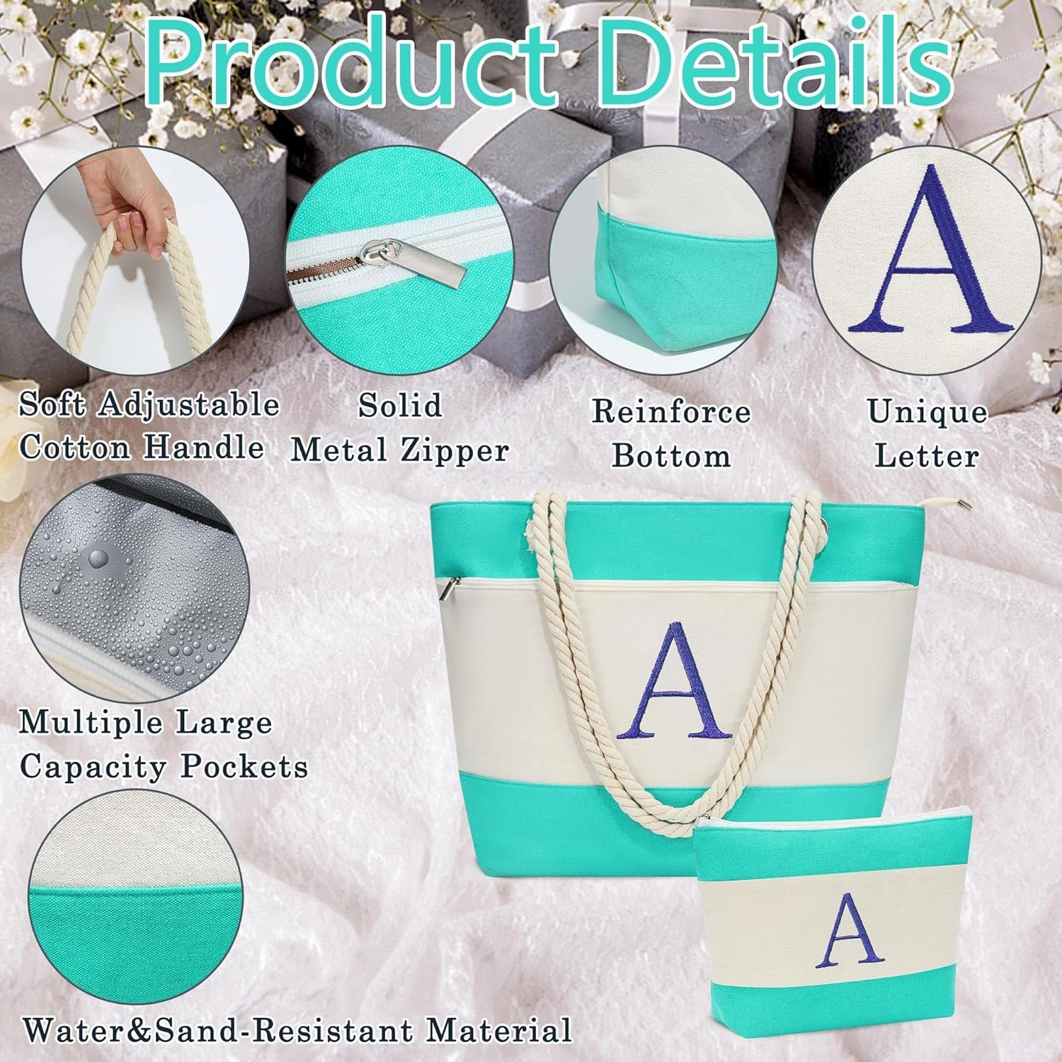 YOOLIFE Beach Bags for Women - Initial Canvas Tote Waterproof Bag with Makeup Bag Gifts for Women Mom Friend Birthday Her