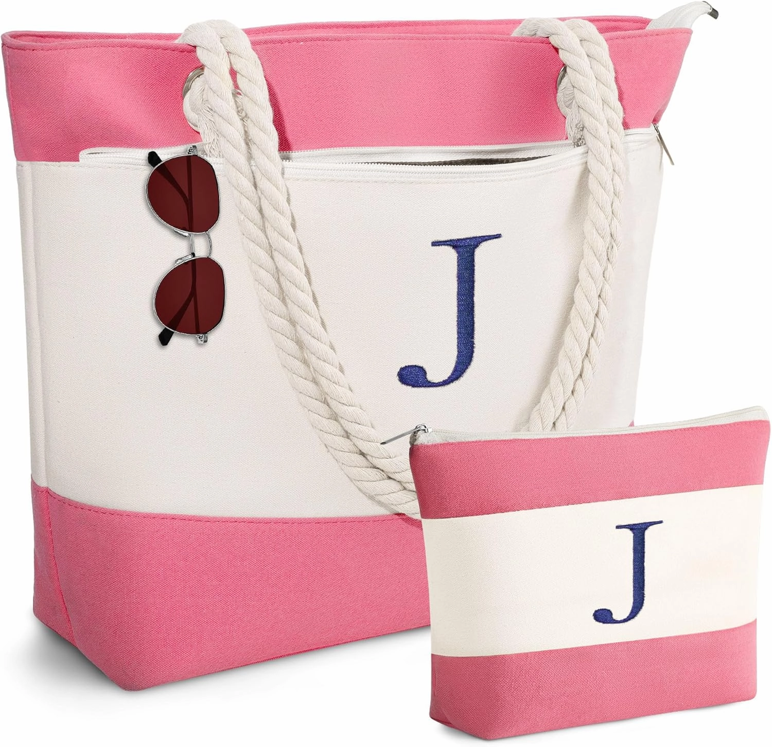 YOOLIFE Beach Bags for Women - Initial Canvas Tote Waterproof Bag with Makeup Bag Gifts for Women Mom Friend Birthday Her