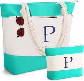 YOOLIFE Beach Bags for Women - Initial Canvas Tote Waterproof Bag with Makeup Bag Gifts for Women Mom Friend Birthday Her