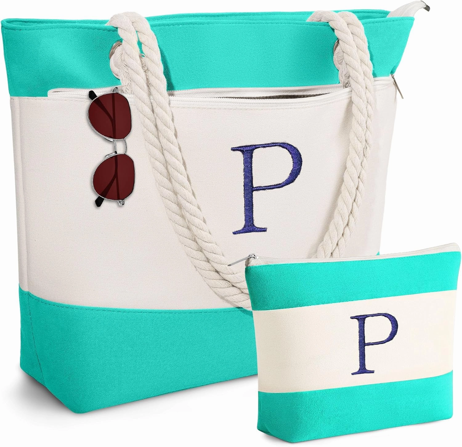 YOOLIFE Beach Bags for Women - Initial Canvas Tote Waterproof Bag with Makeup Bag Gifts for Women Mom Friend Birthday Her