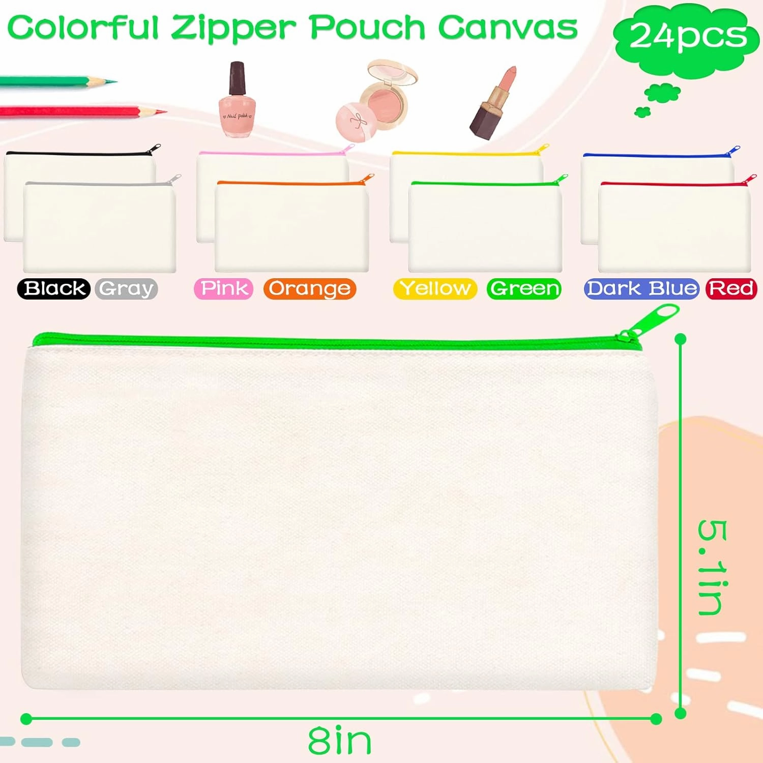 ZeeDix Canvas Pouch- Multi-purpose Cosmetic Bag with Zipper, DIY Craft Canvas Zipper Pouch Blank Makeup Bags Bulk Travel Toiletry Bag for Storage (8.3 x 5 inches)