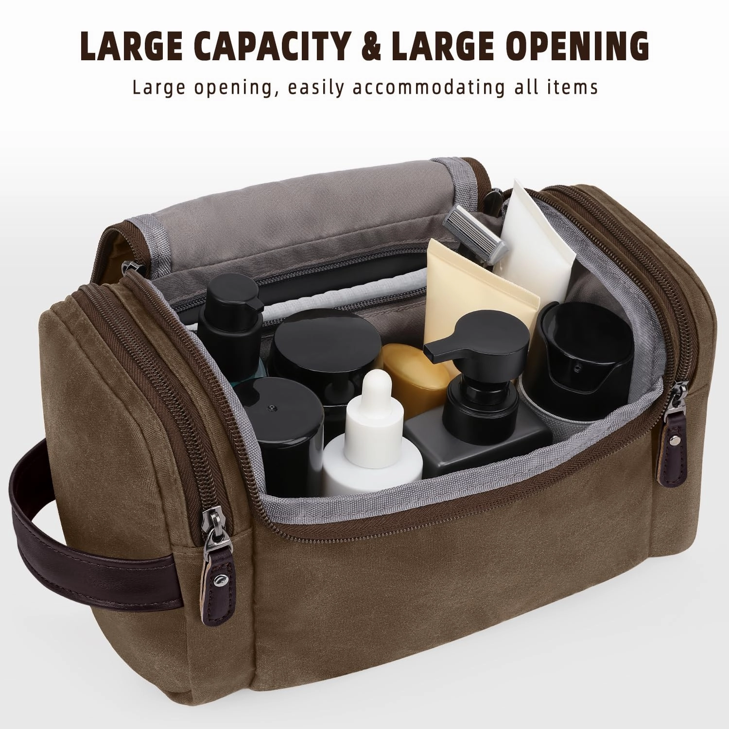 ZOMFELT Travel Toiletry Bag for Men, Travel Essentials Shaving Dopp Kit, Waxed Canvas Mens Toiletry Travel Bag, Water Resistant Cosmetic Bag for Toiletries Accessories, Brown