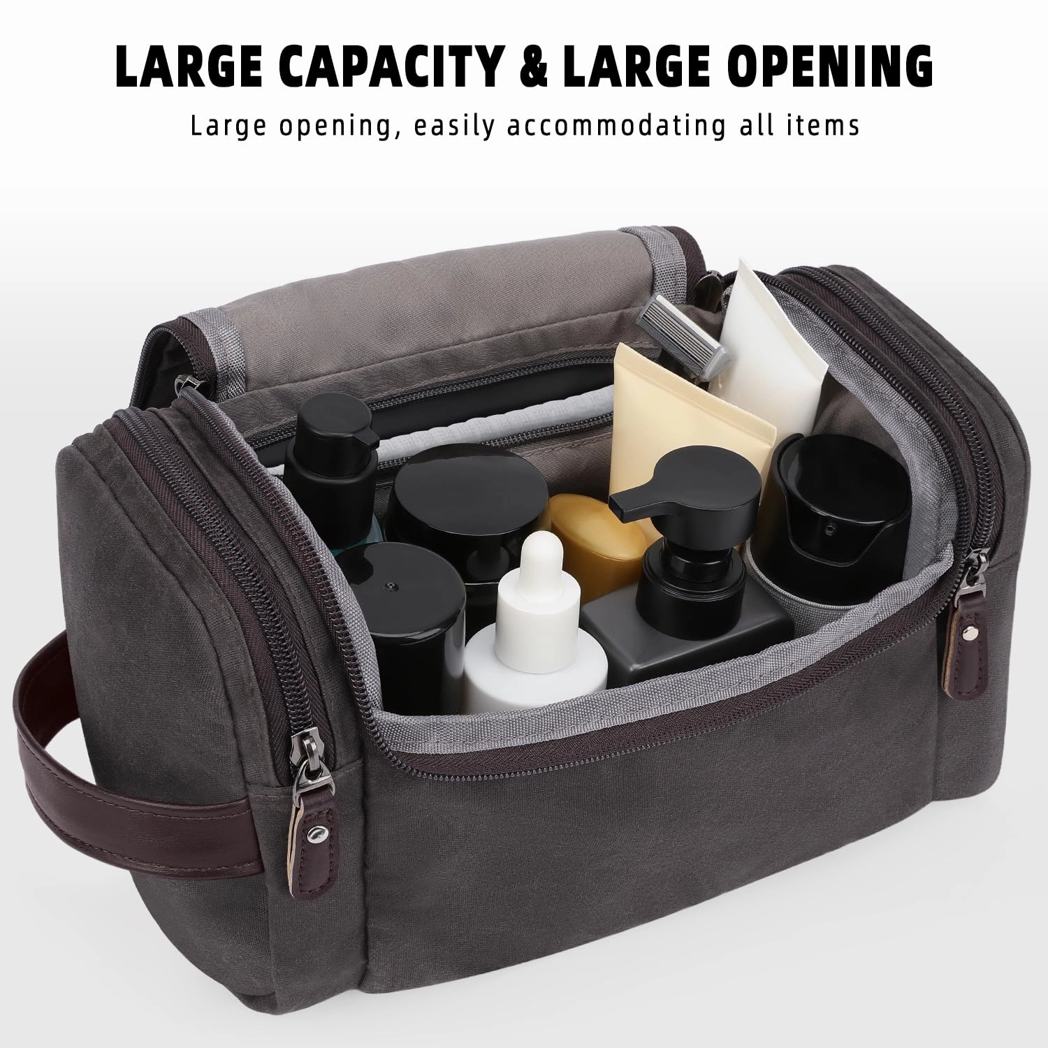 ZOMFELT Travel Toiletry Bag for Men, Travel Essentials Shaving Dopp Kit, Waxed Canvas Mens Toiletry Travel Bag, Water Resistant Cosmetic Bag for Toiletries Accessories, Dark Grey